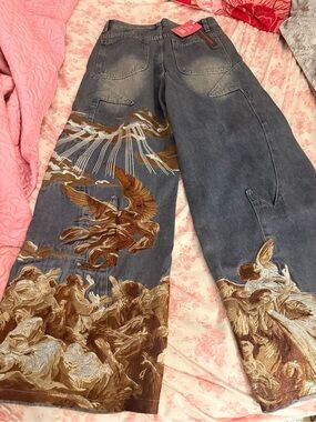ROMWE Grey Wide-Leg Embroidered Angel Scene Jeans
